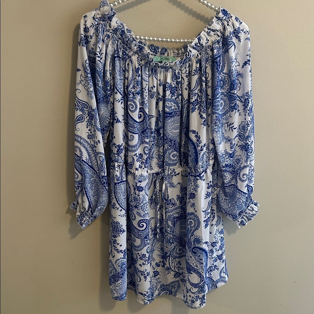 Karlie Blue White Paisley Off Shoulder Dress Boho Ruffle 3/4 Sleeve. Size M